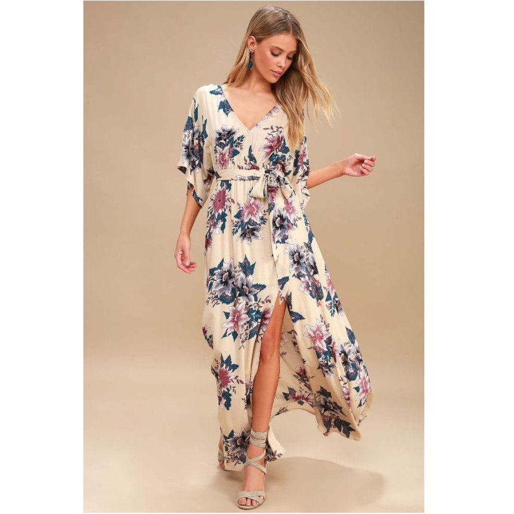 Lulus Berkshire Beige Floral Print Maxi Dress